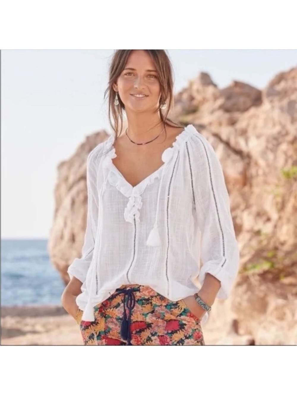 Sundance Tunic White Ruffle Sheer Keyhole Lace Tassel Top Size XL Boho Peasant